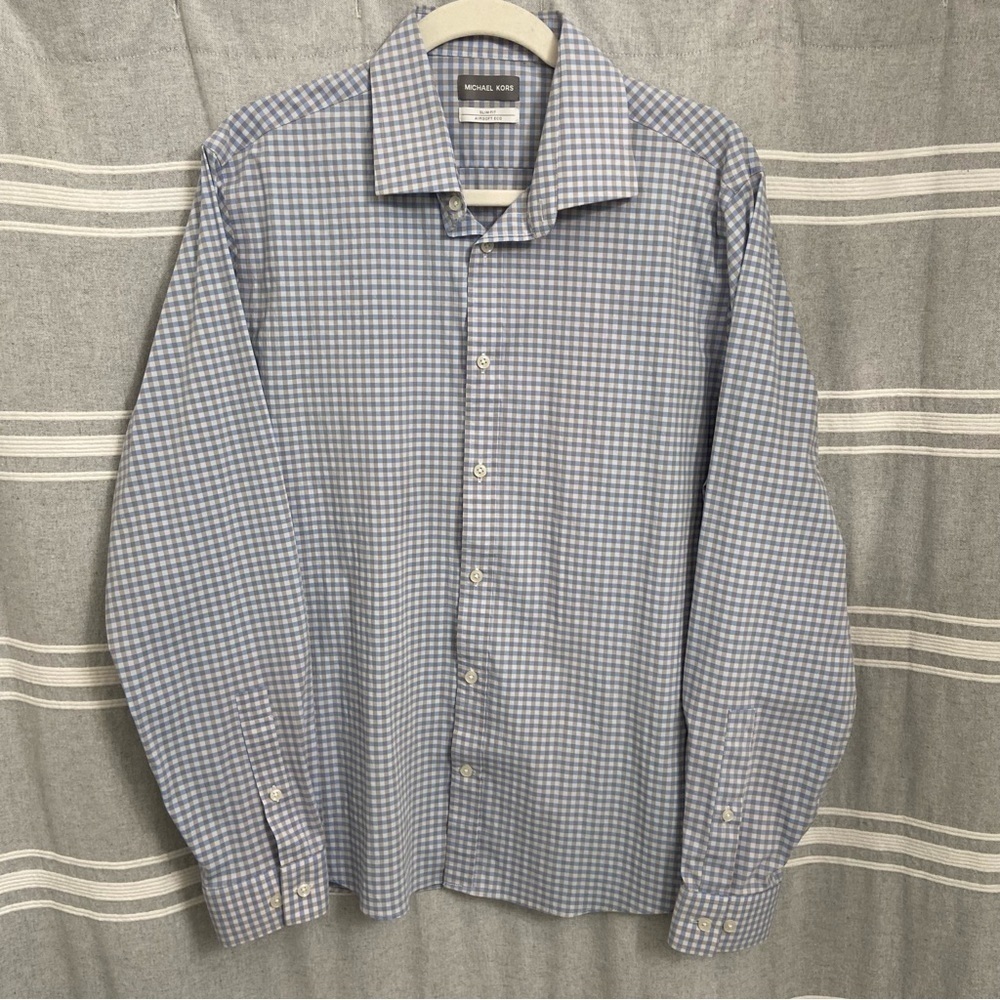 MICHEAL KORS / Blue & Gray Gingham Slim Fit Long Sleeve Button Down Shirt Size L
